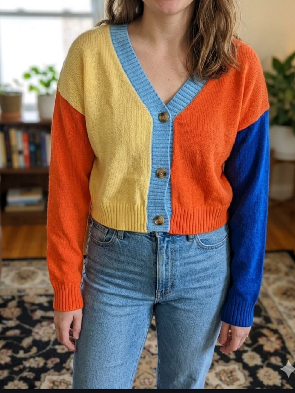 SHEIN Colorblock V-Neck Cropped Cardigan in Yellow, Orange & Blue